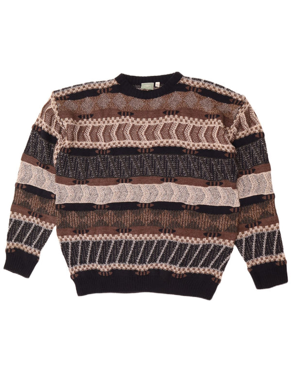 Suéter vintage masculino com gola redonda 2XL acrílico listrado marrom