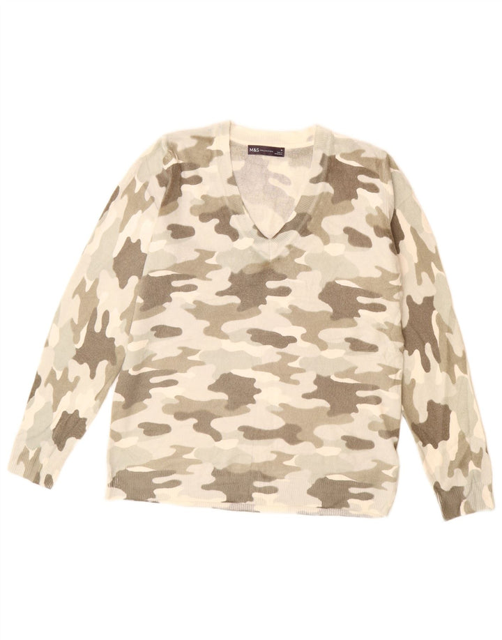 Suéter feminino Marks & Spencer com decote em V Reino Unido 14 camuflagem bege médio