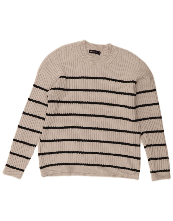 Suéter feminino Marks & Spencer com gola redonda UK 14 listrado cinza médio