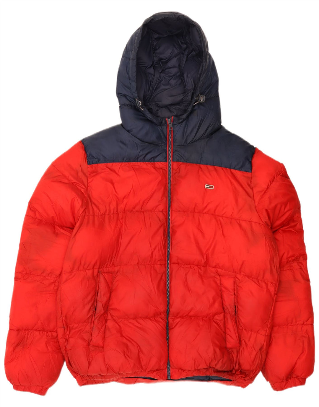 Jaqueta masculina acolchoada com capuz TOMMY HILFIGER Reino Unido 40 grande bloco colorido vermelho