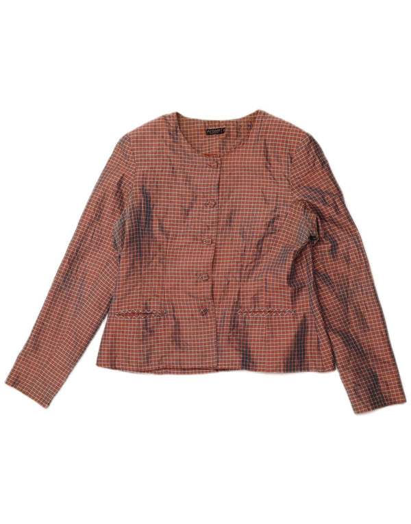 Jaqueta blazer feminina VINTAGE com 5 botões Reino Unido 12 seda xadrez média laranja