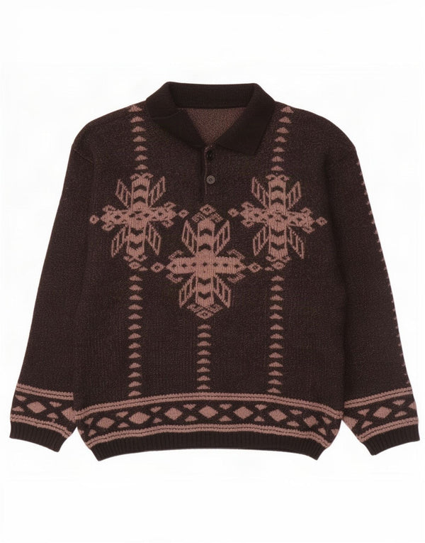 Vintage Mens Polo Neck Jumper Sweater IT 50 Medium Brown Fair Isle