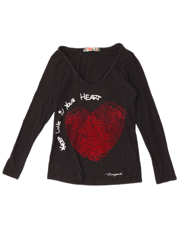 Top gráfico feminino Desigual manga comprida UK 14 grande coração de algodão preto