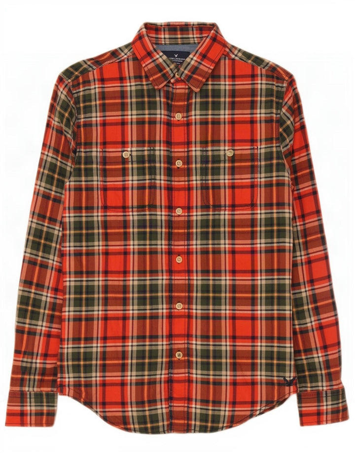 American Eagle Outfitters Camisa masculina clássica de flanela pequena xadrez vermelha