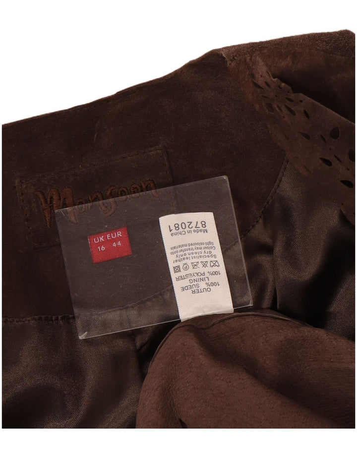 Jaqueta blazer feminina de camurça aberta MONSOON Reino Unido 16 grande couro marrom