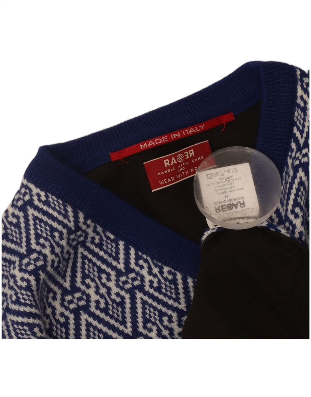 Suéter feminino vintage com decote em V UK 14 patchwork multicolorido médio