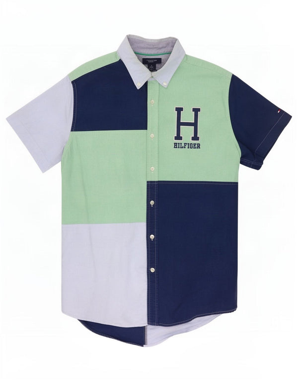 Camisa masculina de manga curta Tommy Hilfiger grande bloco colorido azul marinho