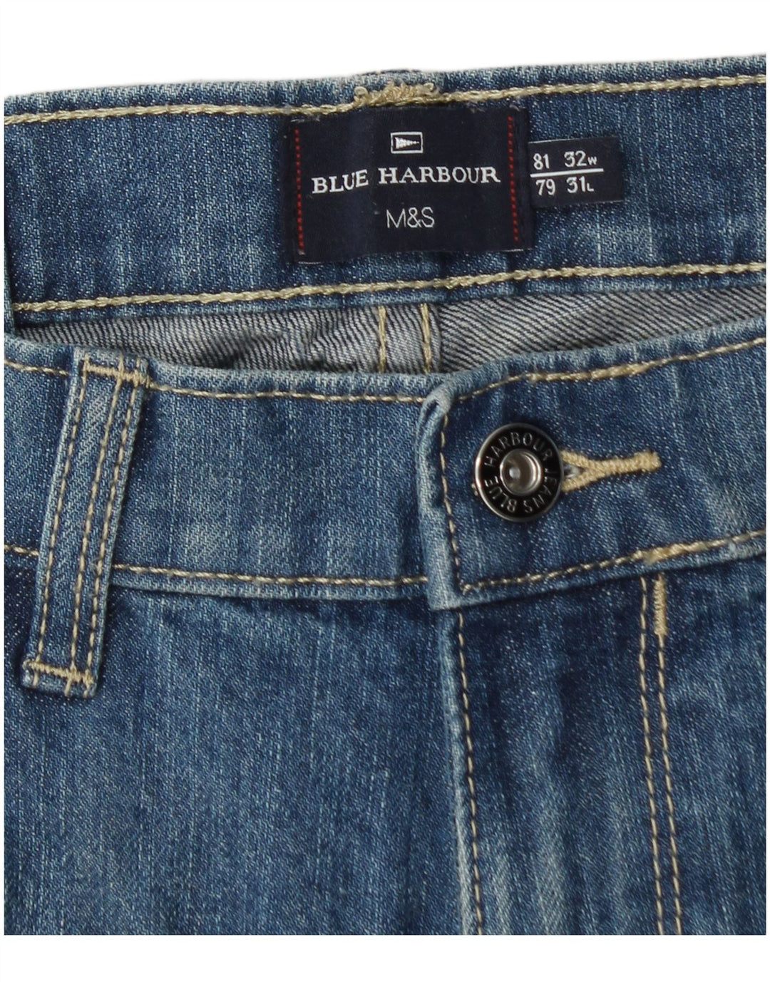 Calça jeans reta masculina Marks & Spencer Blue Harbor W32 L31 algodão azul