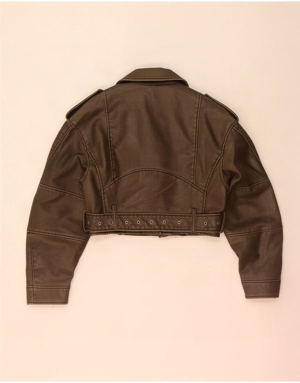 Zara Womens Crop Faux Leather Biker Jacket Reino Unido 10 Pequeno Cáqui Polietileno