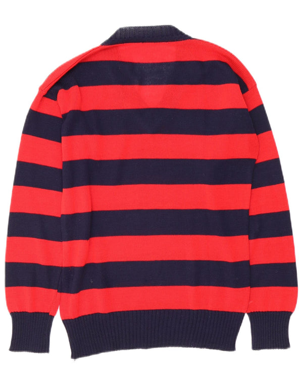 Suéter feminino vintage com decote em V UK 12 listrado vermelho médio
