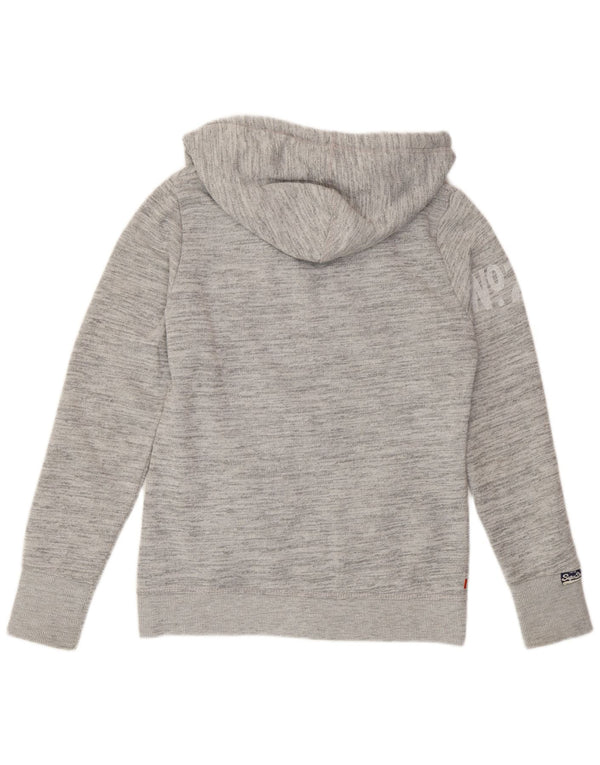 Suéter feminino Superdry com capuz e zíper gráfico UK 14 algodão manchado cinza médio