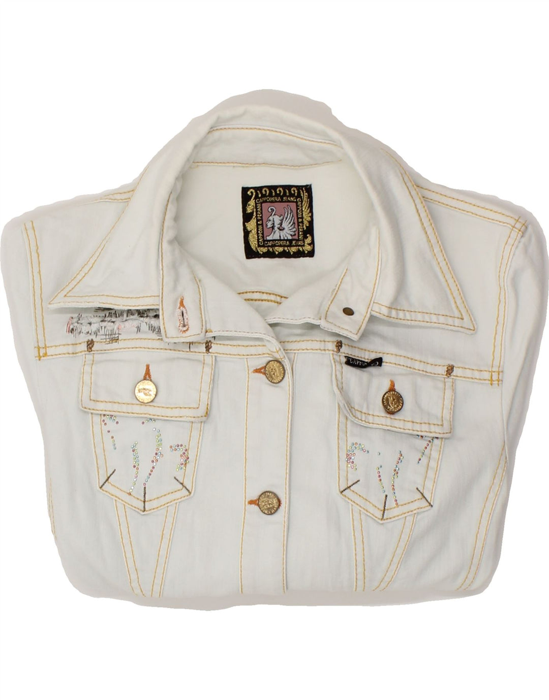 CAPPOPERA Womens Graphic Crop Denim Jacket IT 46 Large Blue Cotton Vintage Cappopera and Second-Hand Cappopera from Messina Hembry 
