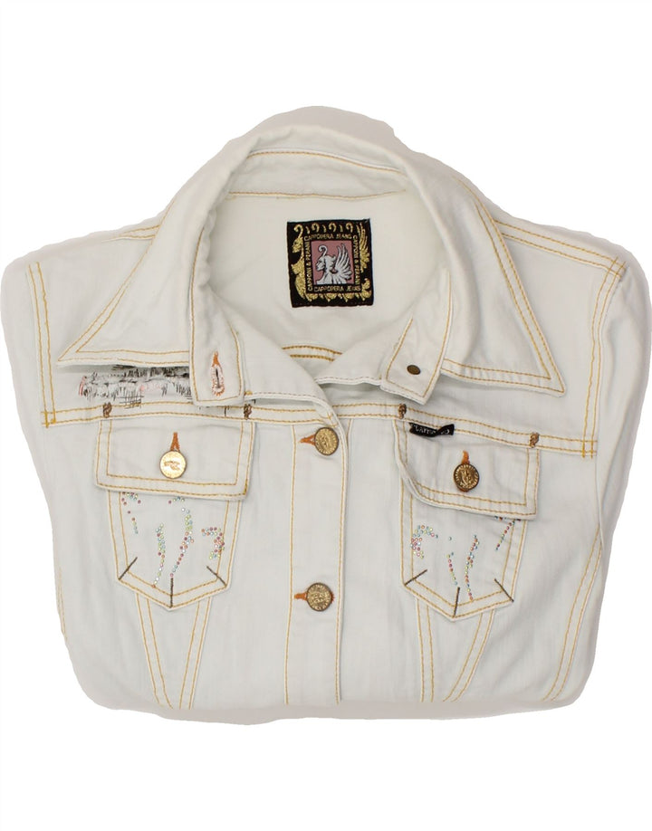 CAPPOPERA Womens Graphic Crop Denim Jacket IT 46 Large Blue Cotton Vintage Cappopera and Second-Hand Cappopera from Messina Hembry 