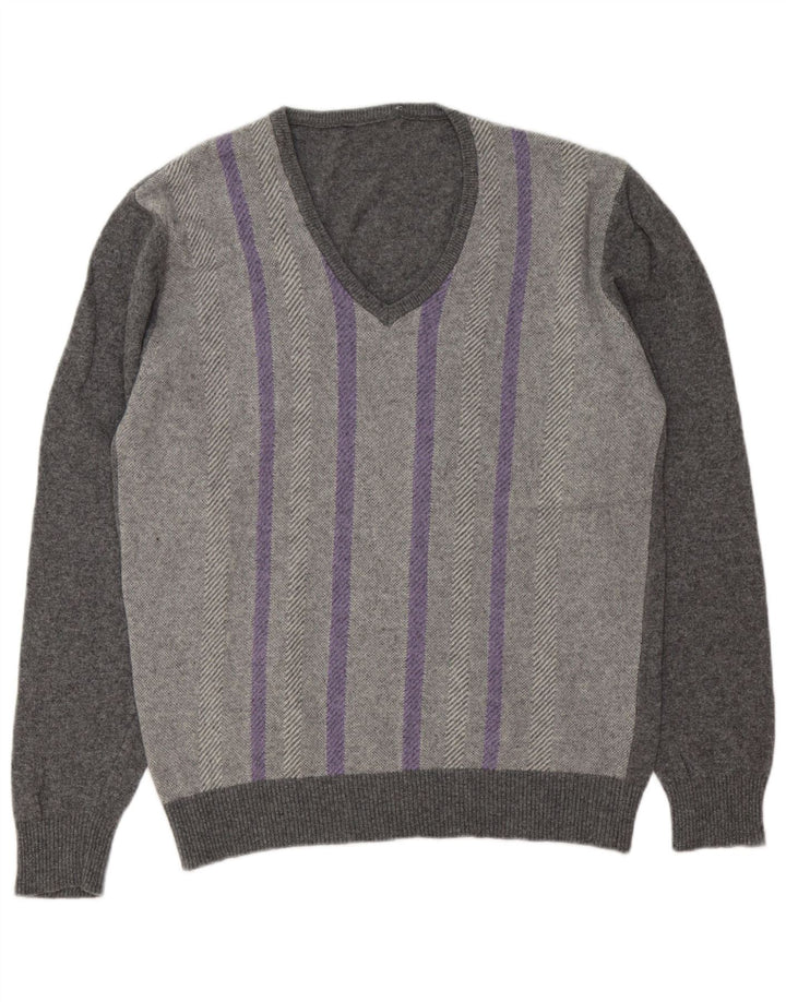 Suéter masculino vintage com decote em V grande listrado cinza