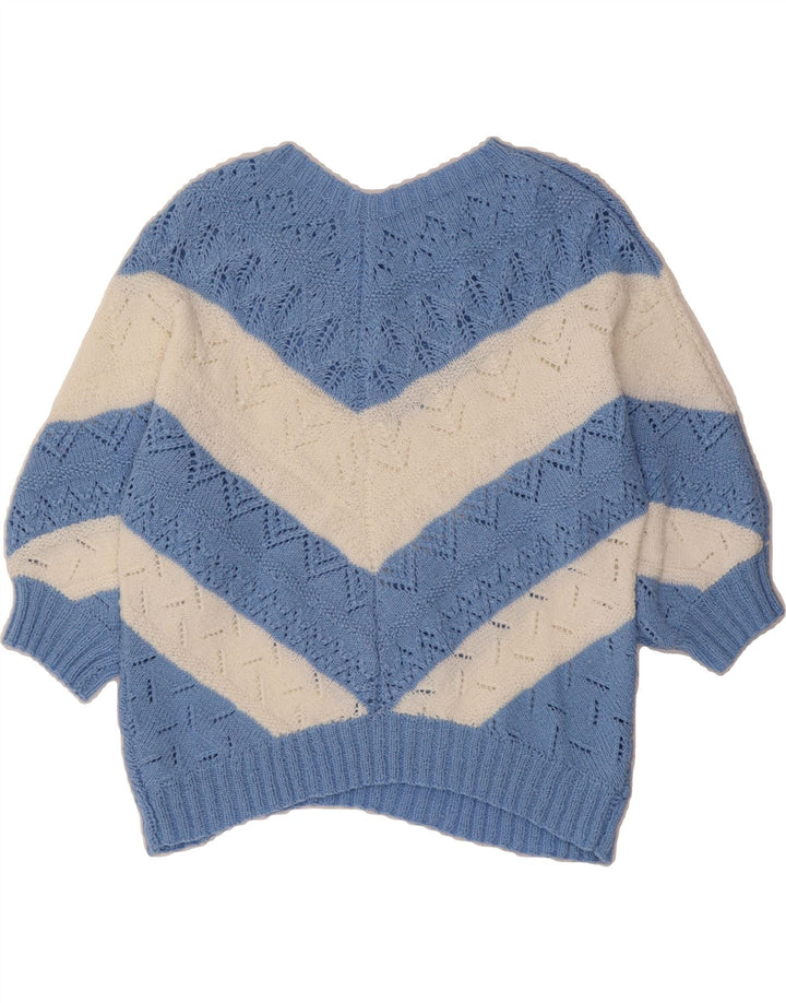VINTAGE Womens Crop V-Neck Jumper Sweater UK 14 Medium Blue Chevron Vintage Vintage and Second-Hand Vintage from Messina Hembry 