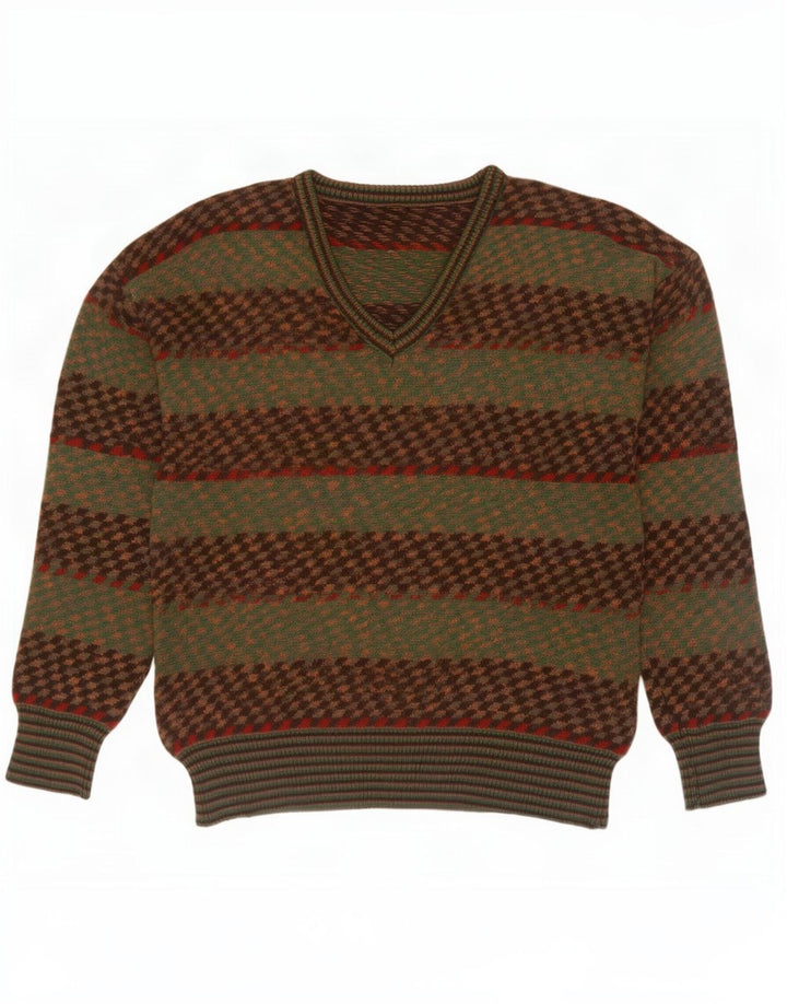 Suéter masculino vintage com decote em V IT 50 médio cáqui listrado