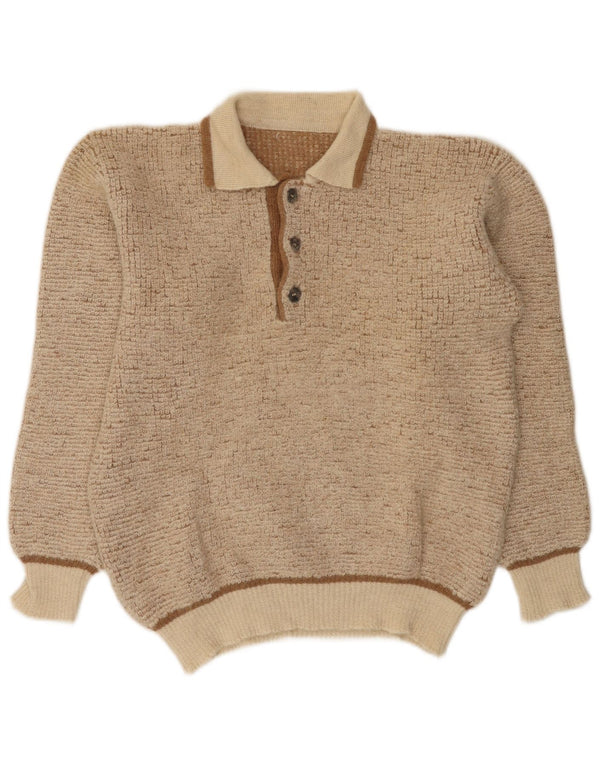 Suéter masculino vintage com gola polo, lã de alpaca manchada bege médio