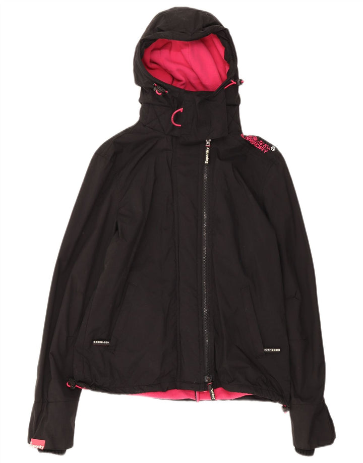 Jaqueta corta-vento feminina Superdry com capuz UK 14 médio preto nylon