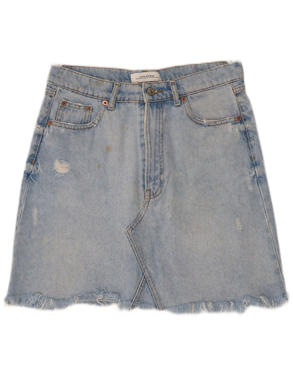 Zara Mini saia jeans desgastada feminina média W28 algodão azul
