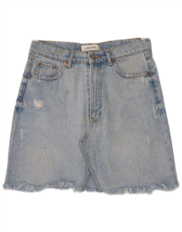 Zara Mini saia jeans desgastada feminina média W28 algodão azul