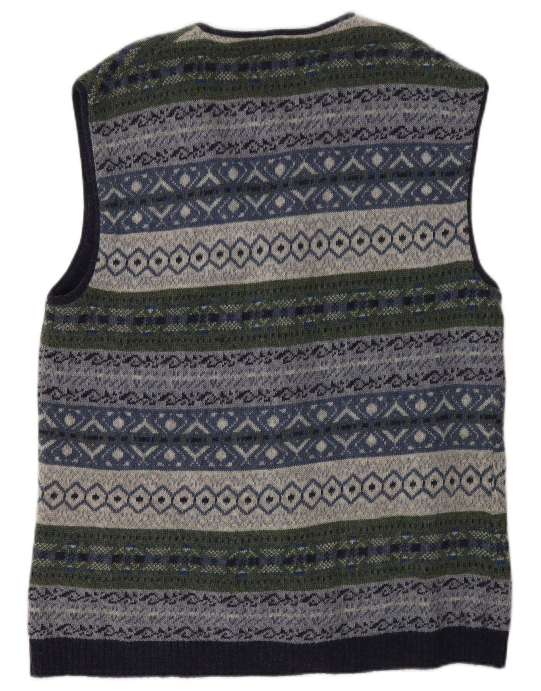Suéter cardigã masculino vintage sem mangas, grande lã multicolorida Fair Isle
