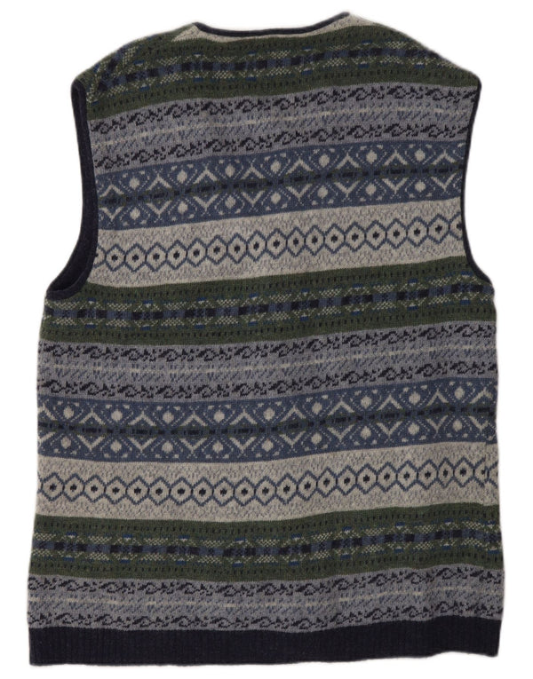 Suéter cardigã masculino vintage sem mangas, grande lã multicolorida Fair Isle