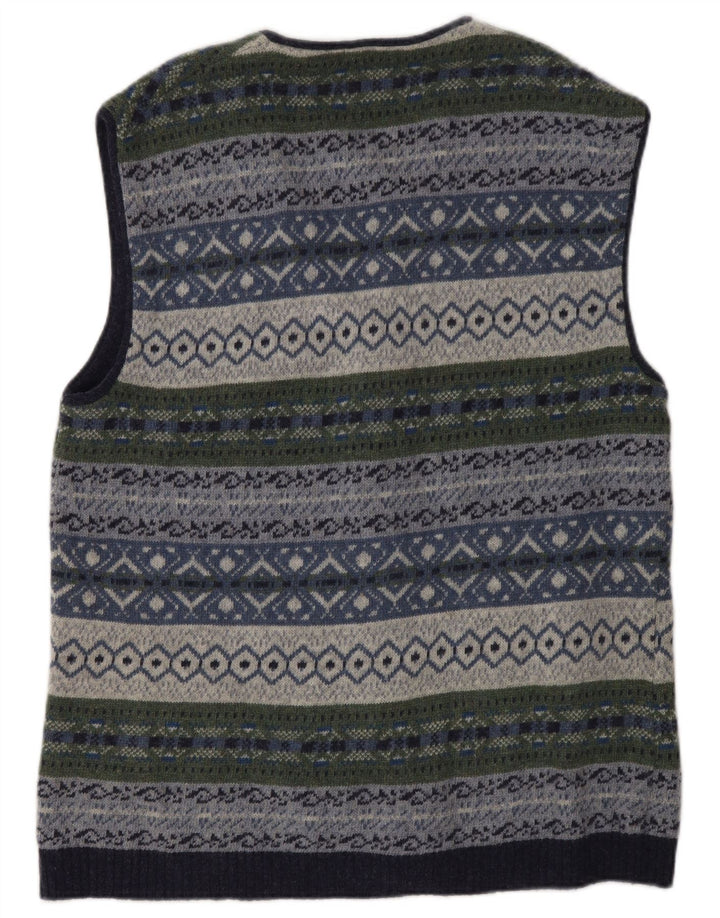 Suéter cardigã masculino vintage sem mangas, grande lã multicolorida Fair Isle
