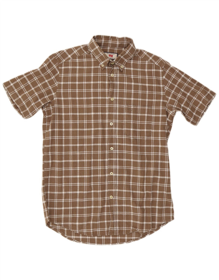 Camisa masculina de manga curta Carrera de algodão xadrez marrom médio