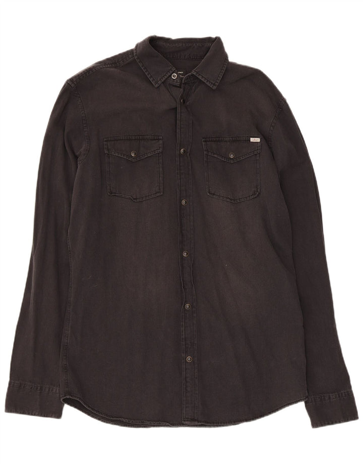 Camisa jeans masculina JACK & JONES de algodão preto médio