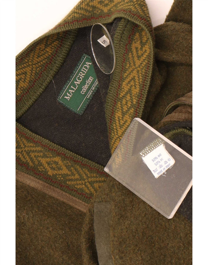 Suéter cardigã masculino Malagrida grande cáqui lã Fair Isle