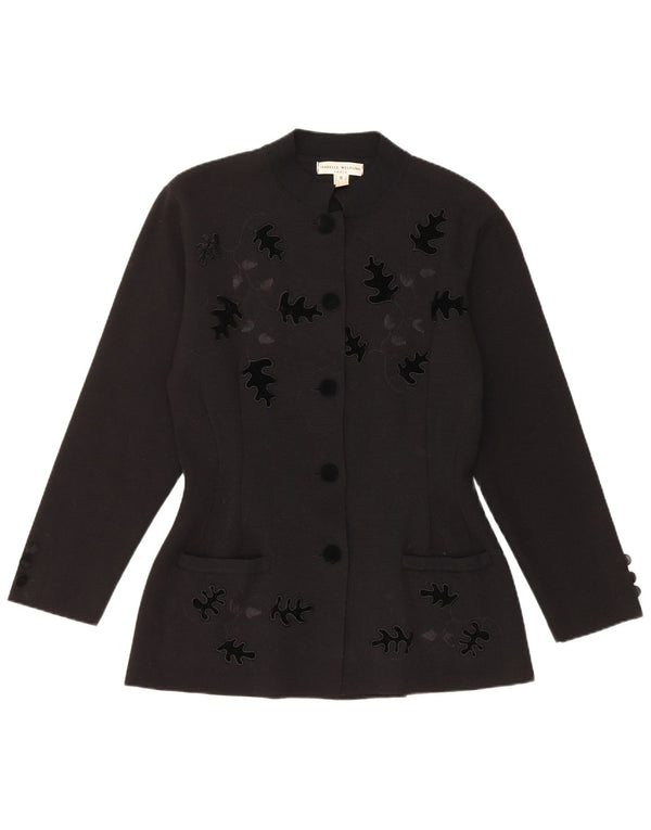 Jaqueta blazer feminina vintage com 5 botões Reino Unido 10 pequena lã virgem floral preta