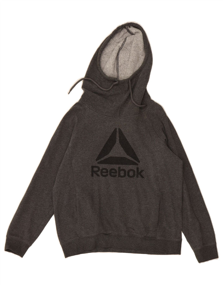 REEBOK Womens Graphic Hoodie Jumper UK 16 Large Grey Cotton Vintage Reebok and Second-Hand Reebok from Messina Hembry 