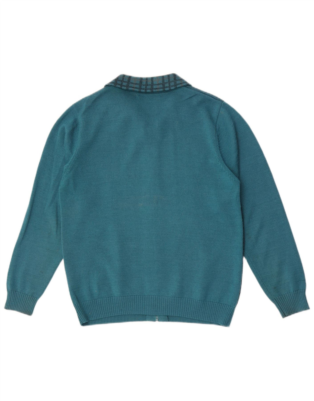 Suéter cardigã feminino vintage com zíper completo Reino Unido 12 xadrez azul médio