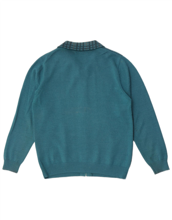Suéter cardigã feminino vintage com zíper completo Reino Unido 12 xadrez azul médio