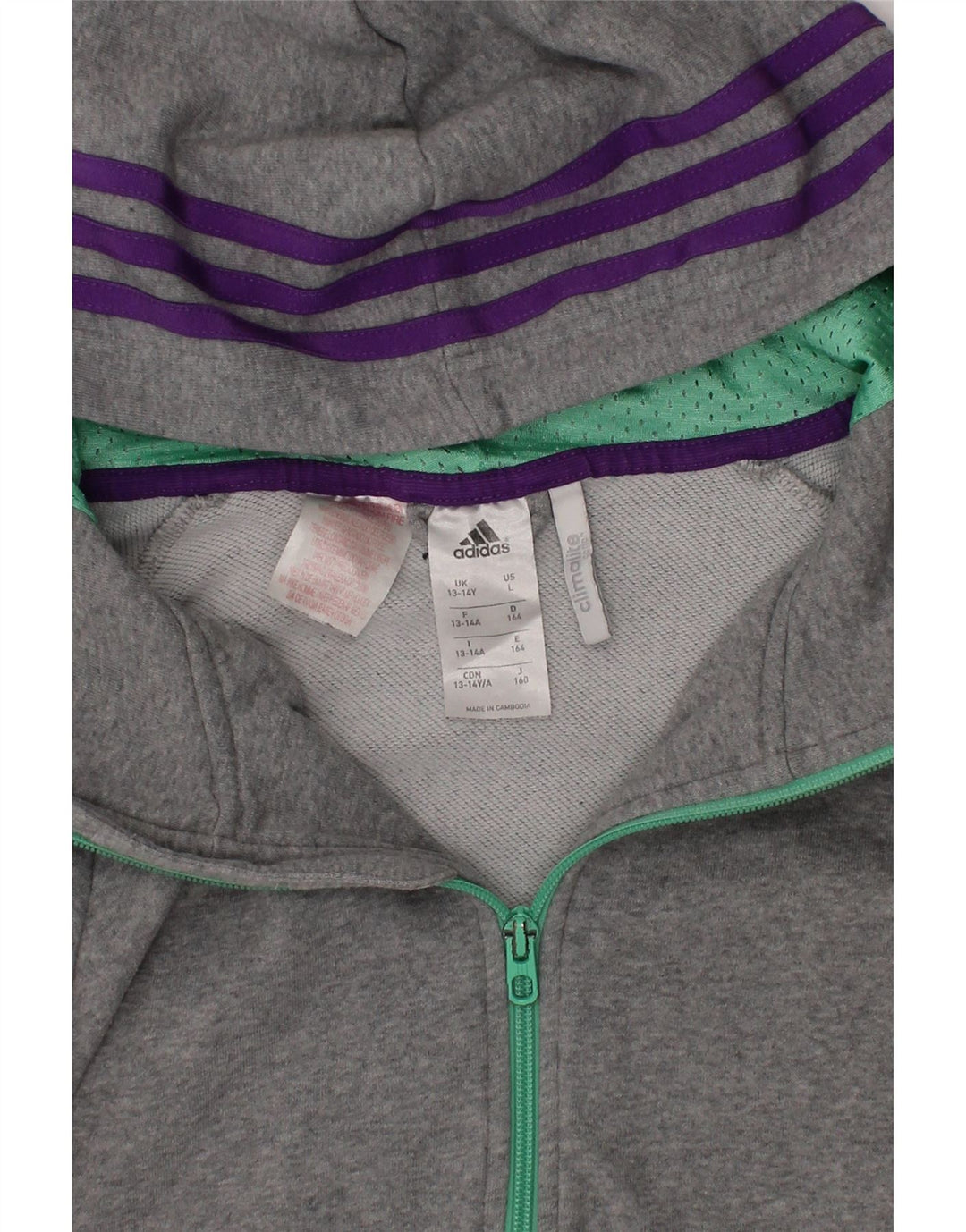 ADIDAS Girls Climalite Zip Hoodie Sweater 13-14 Years Grey Cotton Vintage Adidas and Second-Hand Adidas from Messina Hembry 