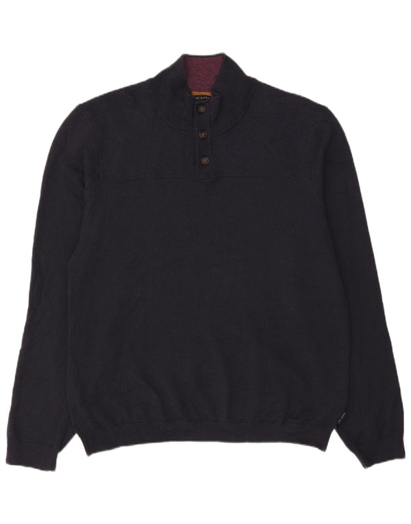 Suéter masculino Ted Baker com gola redonda tamanho 7 3XL lã virgem azul marinho
