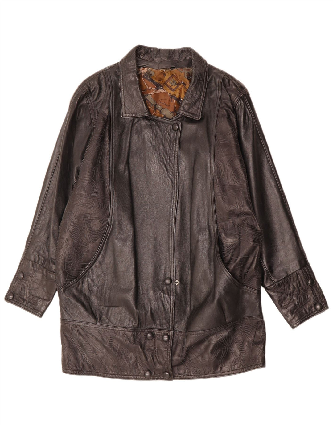 Casaco de couro feminino vintage Reino Unido 14 grande couro geométrico preto