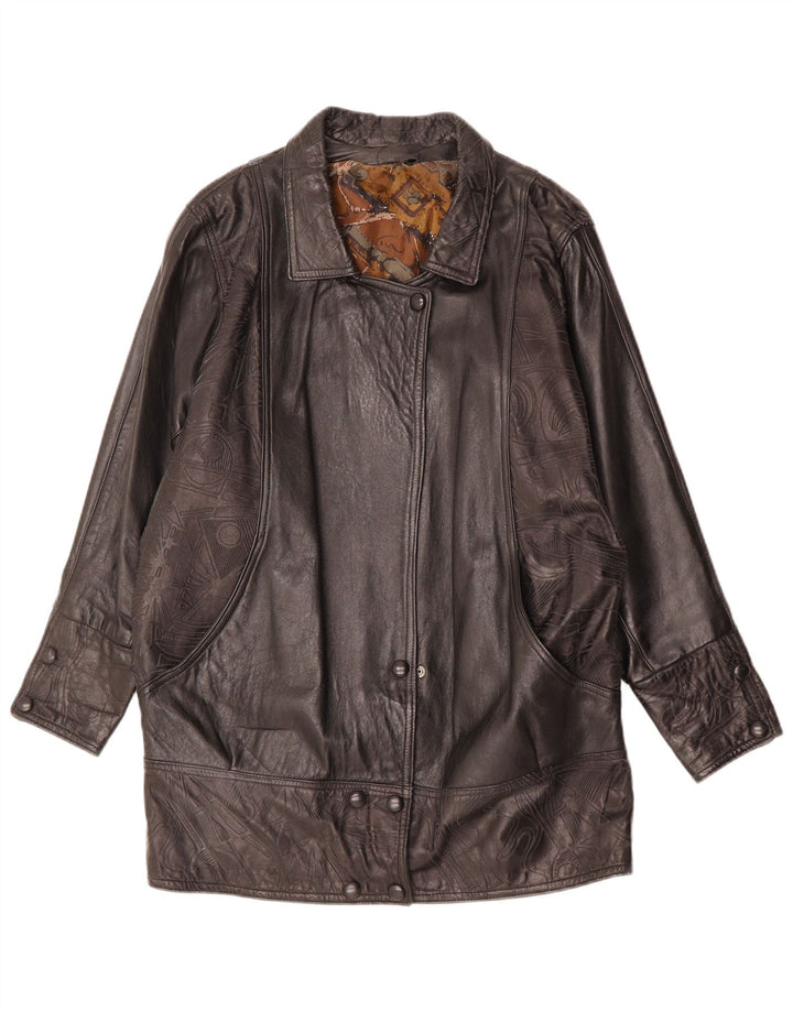 Casaco de couro feminino vintage Reino Unido 14 grande couro geométrico preto