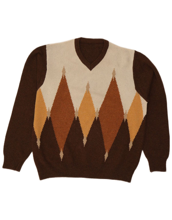 Suéter masculino vintage com decote em V grande marrom Argyle/Diamante