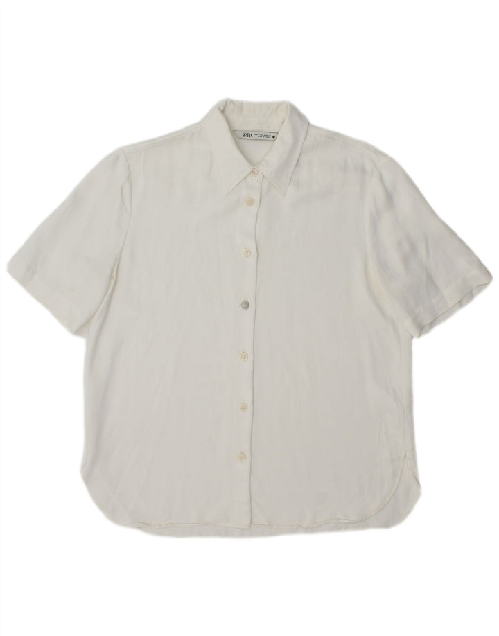 Camisa feminina de manga curta Zara UK 14 viscose branca média