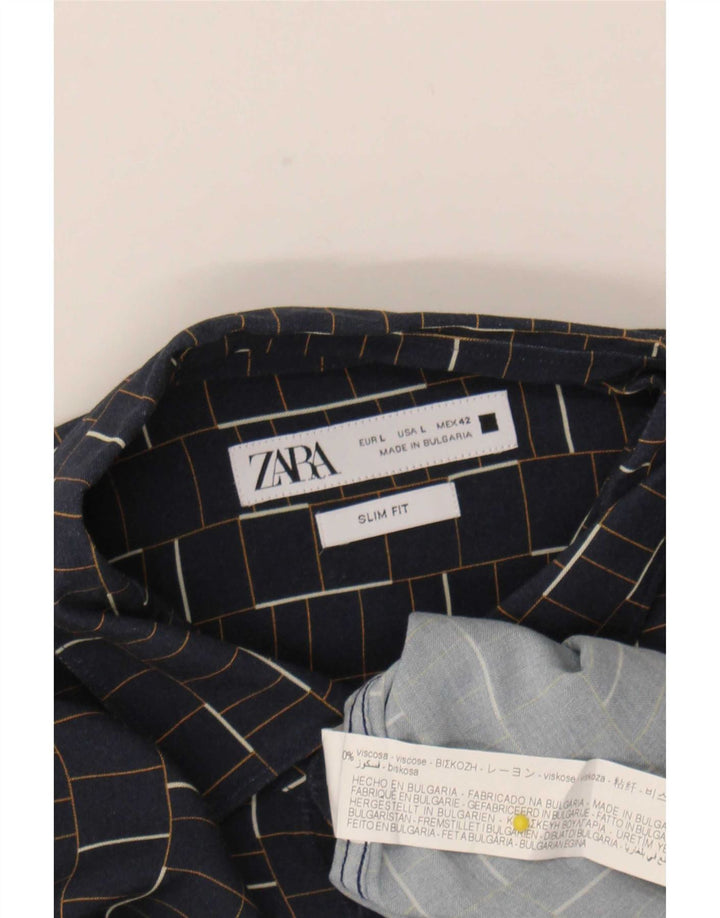 Zara Camisa masculina slim fit grande viscose xadrez azul marinho