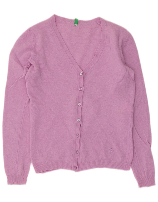 Suéter feminino Benetton Crop Cardigan UK 10 pequena lã virgem rosa
