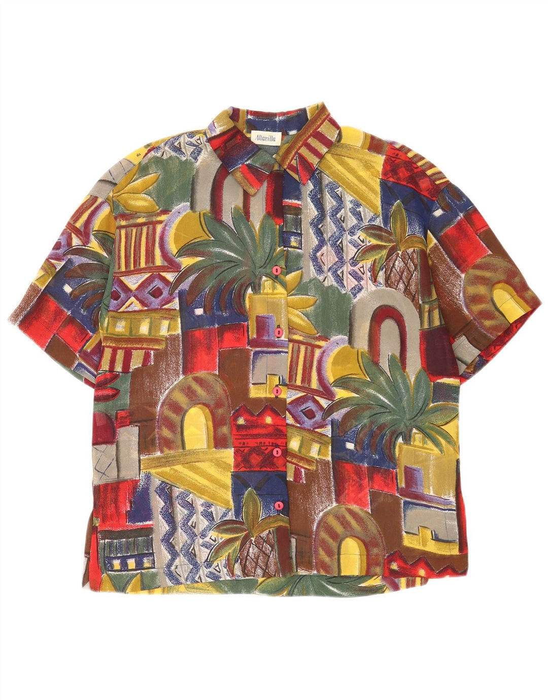 Blusa feminina vintage de manga curta UK 10 pequena multicolorida