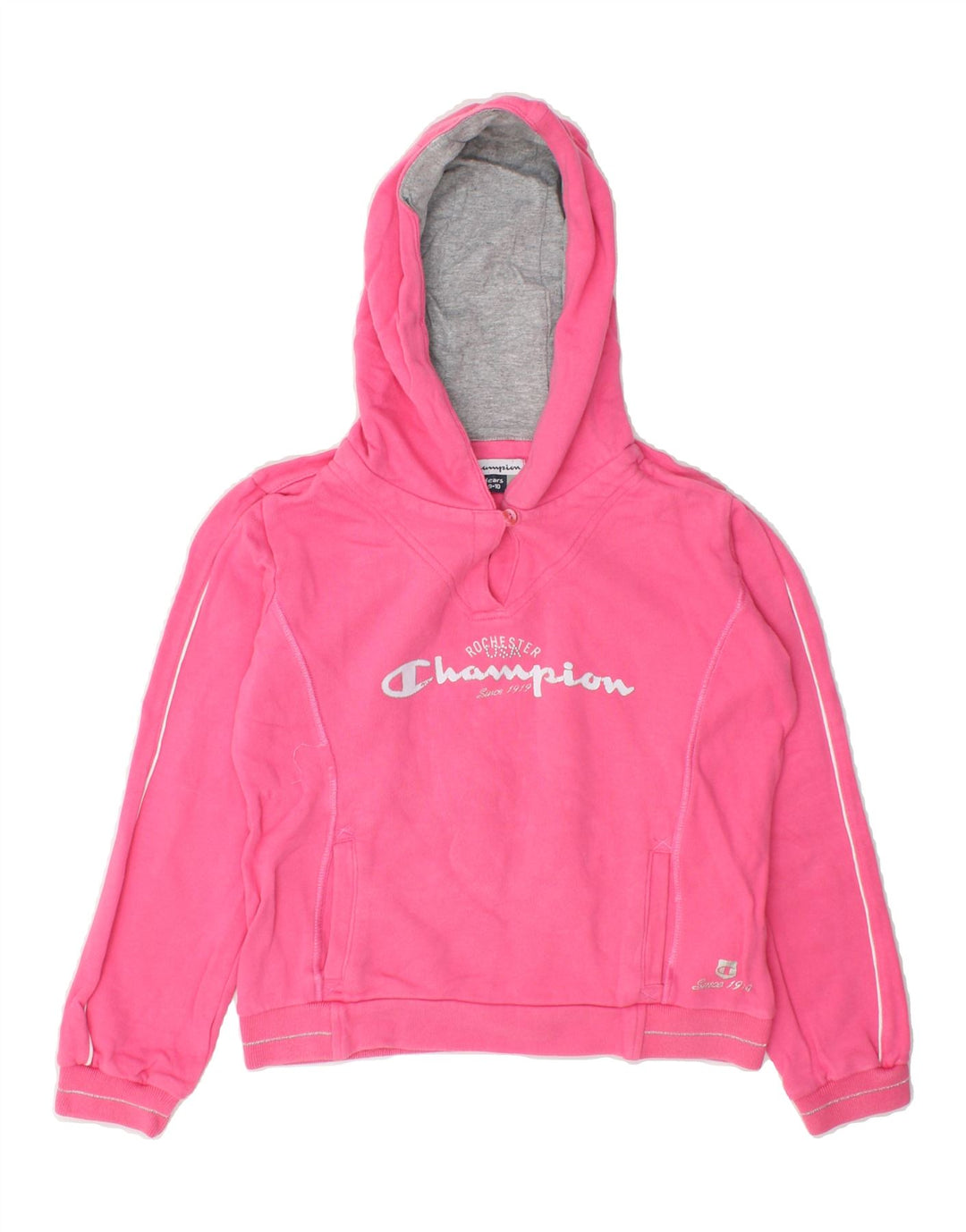 CHAMPION Girls Graphic Hoodie Jumper 9-10 Years Medium  Pink Cotton Vintage Champion and Second-Hand Champion from Messina Hembry 