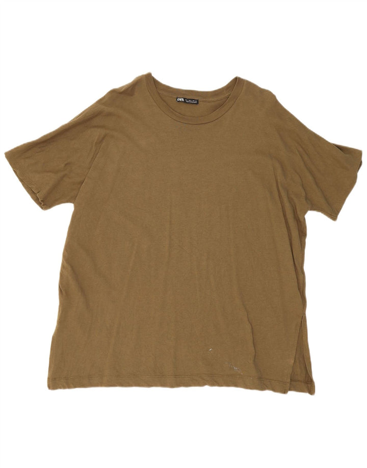 Camiseta masculina ZARA Top grande de algodão cáqui