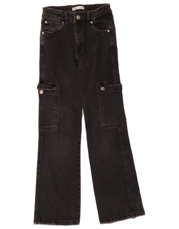 Zara Girls Cargo Jeans Flared 13-14 Anos W26 L26 Algodão Preto