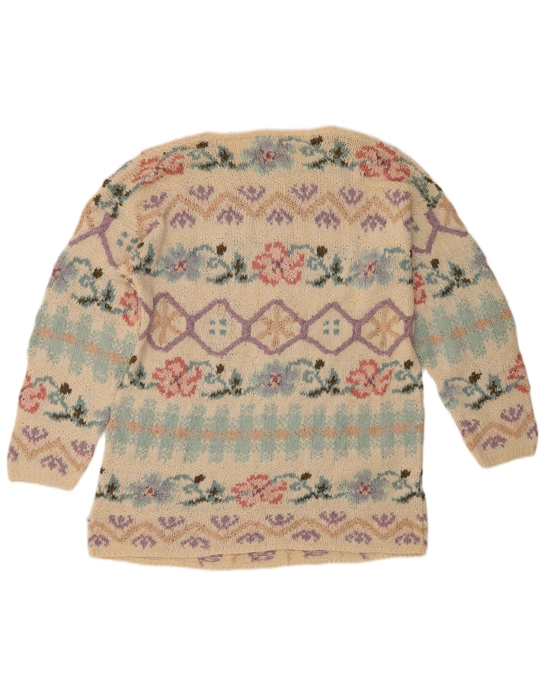 Suéter feminino Express com gola redonda Reino Unido 12 seda floral bege médio