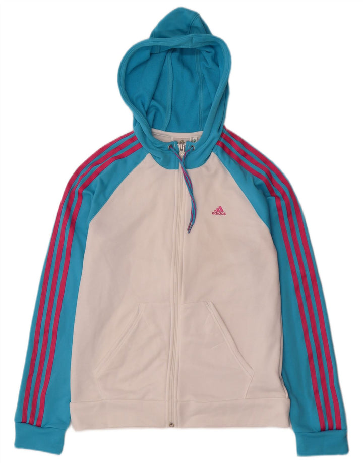 Suéter adidas feminino com capuz e zíper UK 14 médio branco colorblock poliéster
