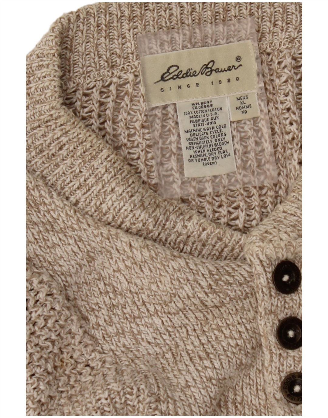 Suéter masculino EDDIE BAUER com gola redonda e botão grande XL bege salpicado