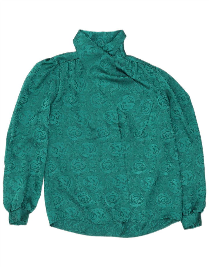 Blusa feminina vintage com gravata frontal Reino Unido 12 poliéster floral verde médio